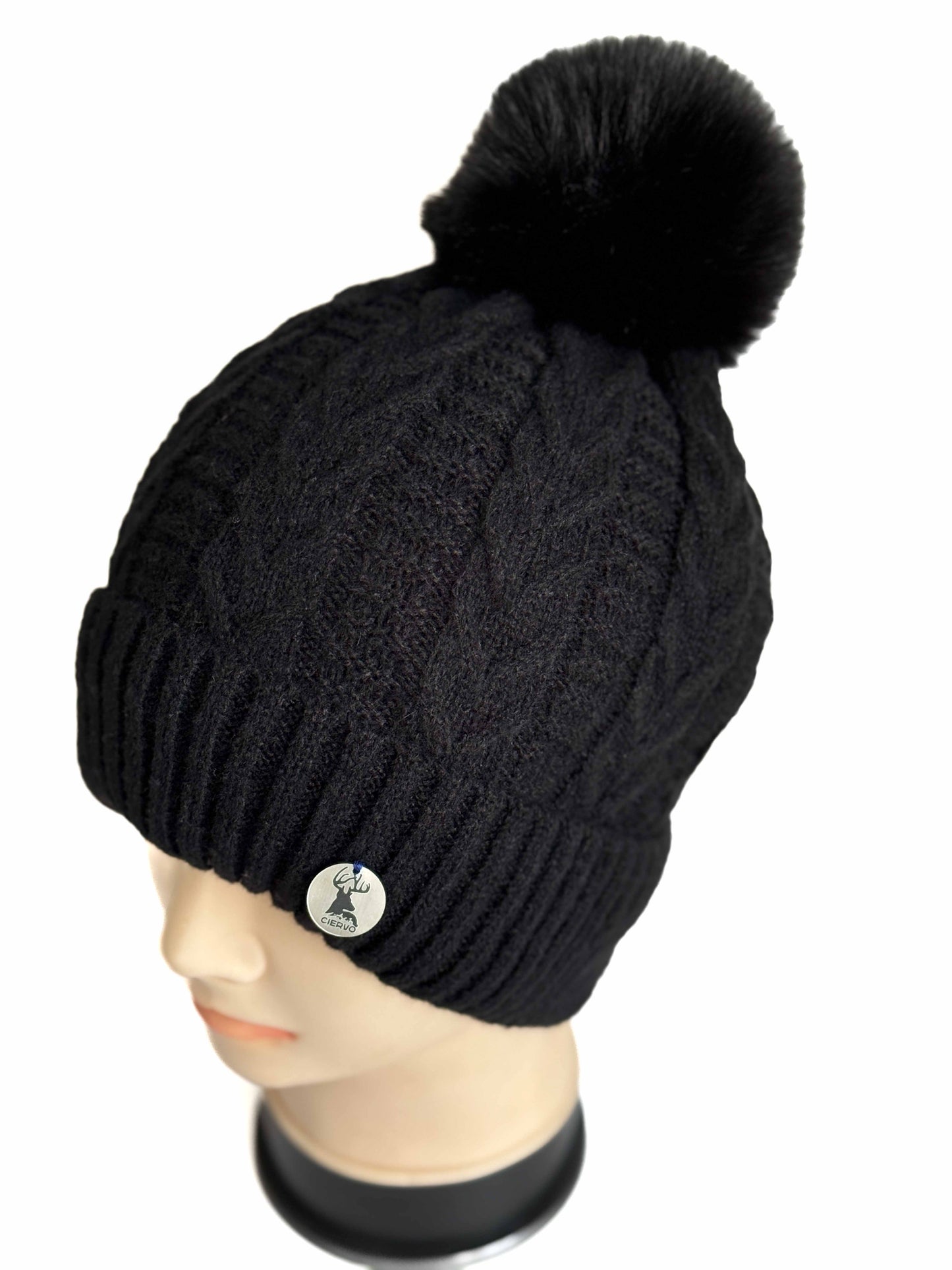 Gorro Lana Forrado Negro tejido Lineas